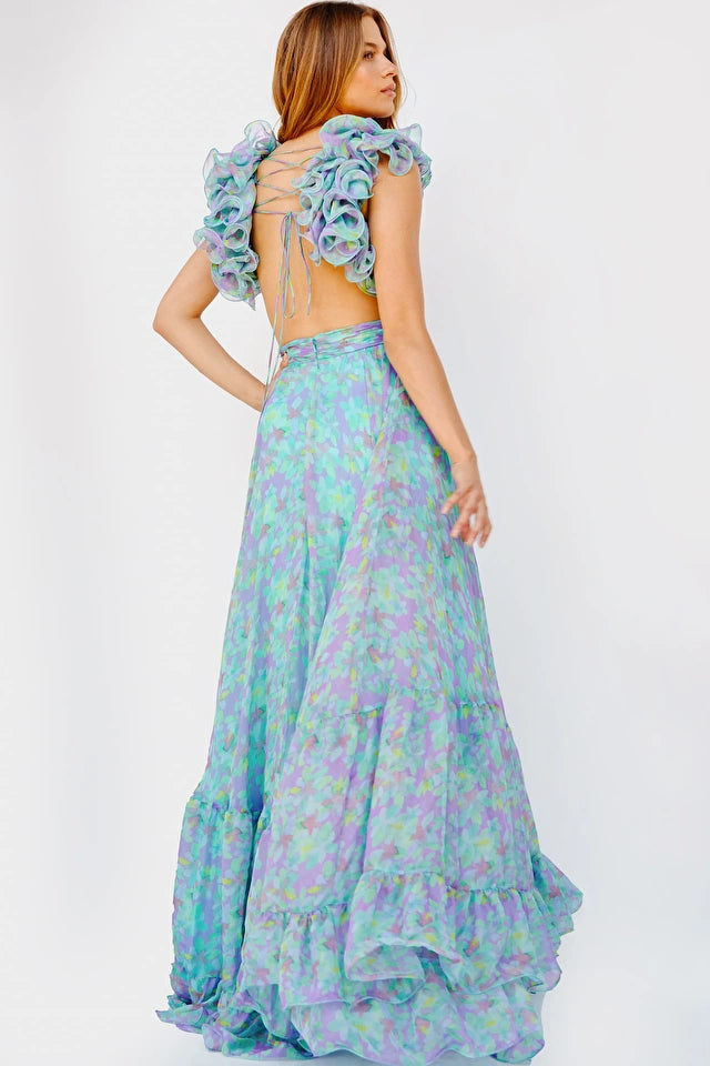 Jovani Dress 23577  Blue Multi Floral V Neck Tulle Ballgown