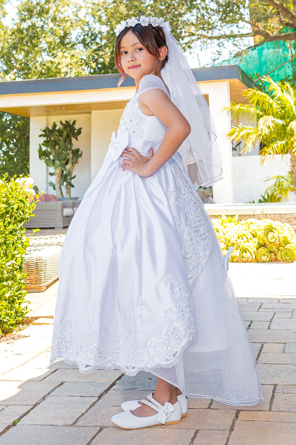 Embellished Satin Ribbon A-Line Girl Communion Dress by Cinderella Couture USA AS2912 10 / White