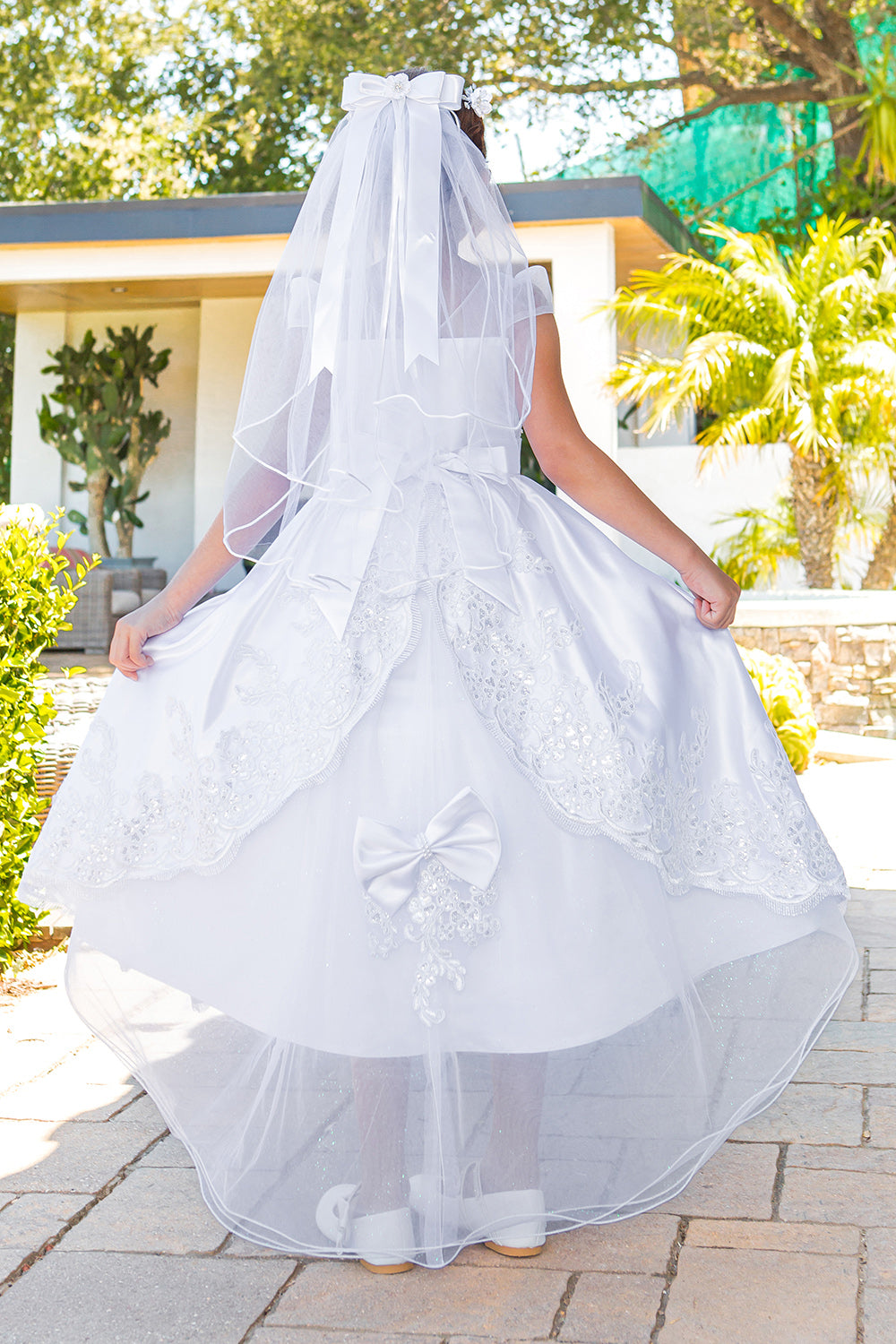 chinese dress ladies Elegant Baby Girl White Lace Puff Sleeve Bow Princess Dress Toddler First Communion Dress, White / 4-5 Years (120cm) main image 0