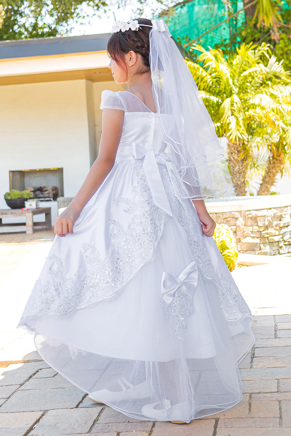 Embellished Satin Ribbon A-Line Girl Communion Dress by Cinderella Couture USA AS2912 10 / White