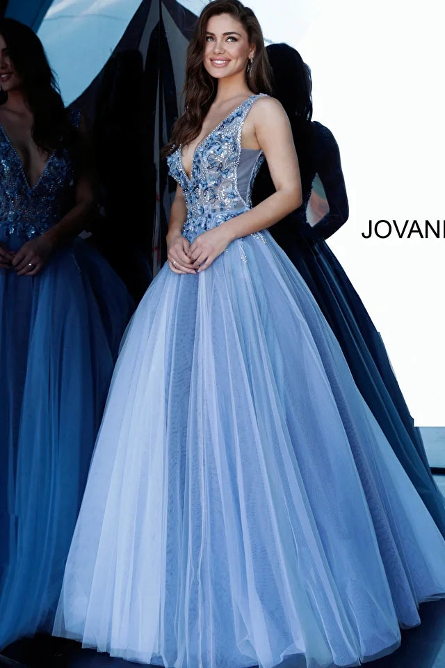 Jovani 3110 Floral Embellished V-Neckline A-Line Gown - Special Occasion/Curves