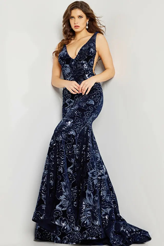 Jovani 32581 Velvet V-Neckline Mermaid Dress - Special Occasion/Curves