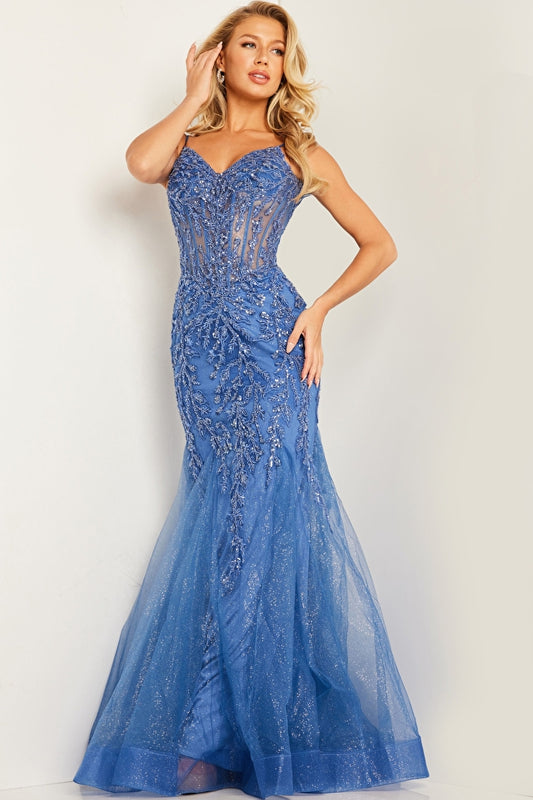 Jovani 37416 Glitter V-Neckline Mermaid Tulle Dress - Special Occasion/Curves