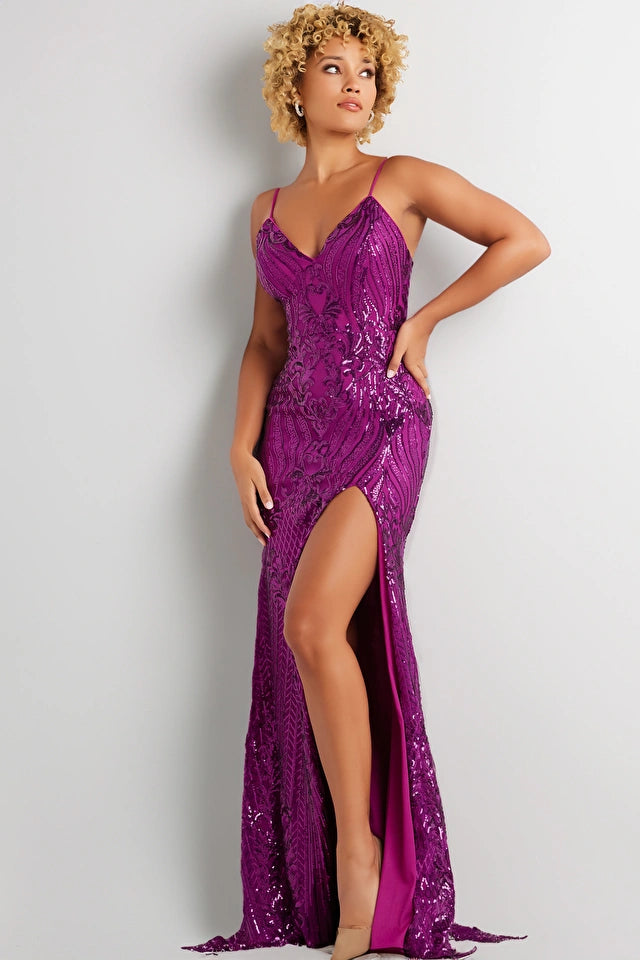 Jovani 38337 Embellished Sheath High Slit Dress - Special Occasion/Curves