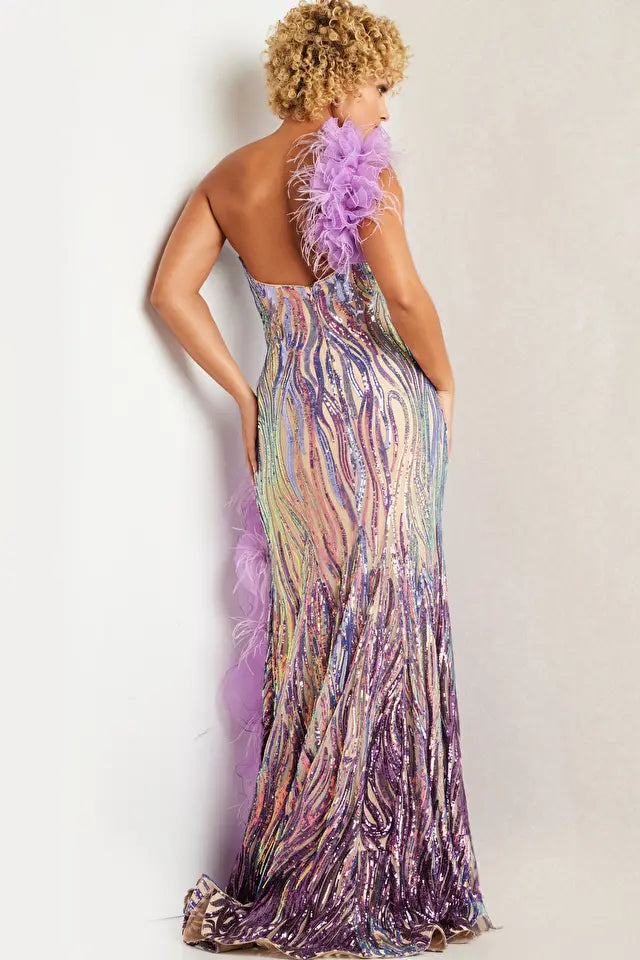 Jovani 38678 One Shoulder Sequin & Feather Dress - Special Occasion/Curves