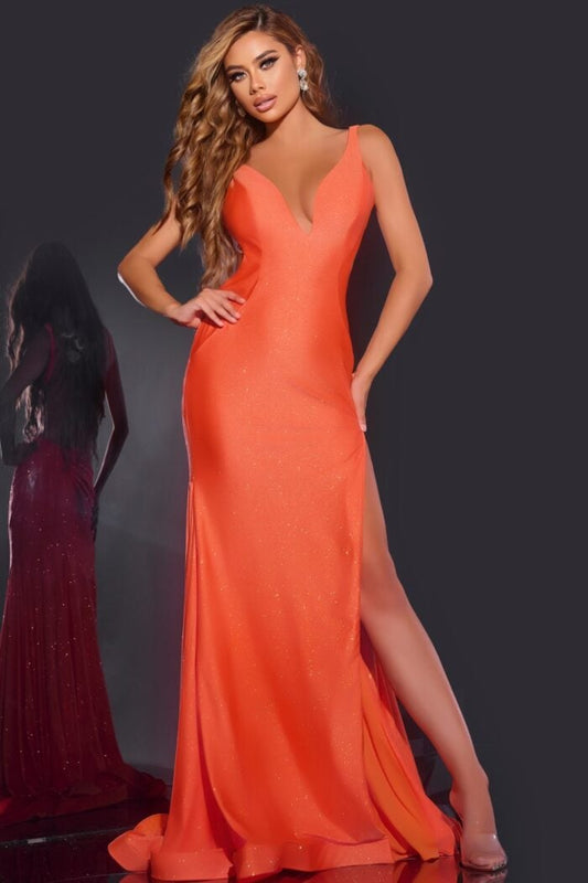 Jovani 43573 Deep V-Neckline Leg Slit Gown - Special Occasion