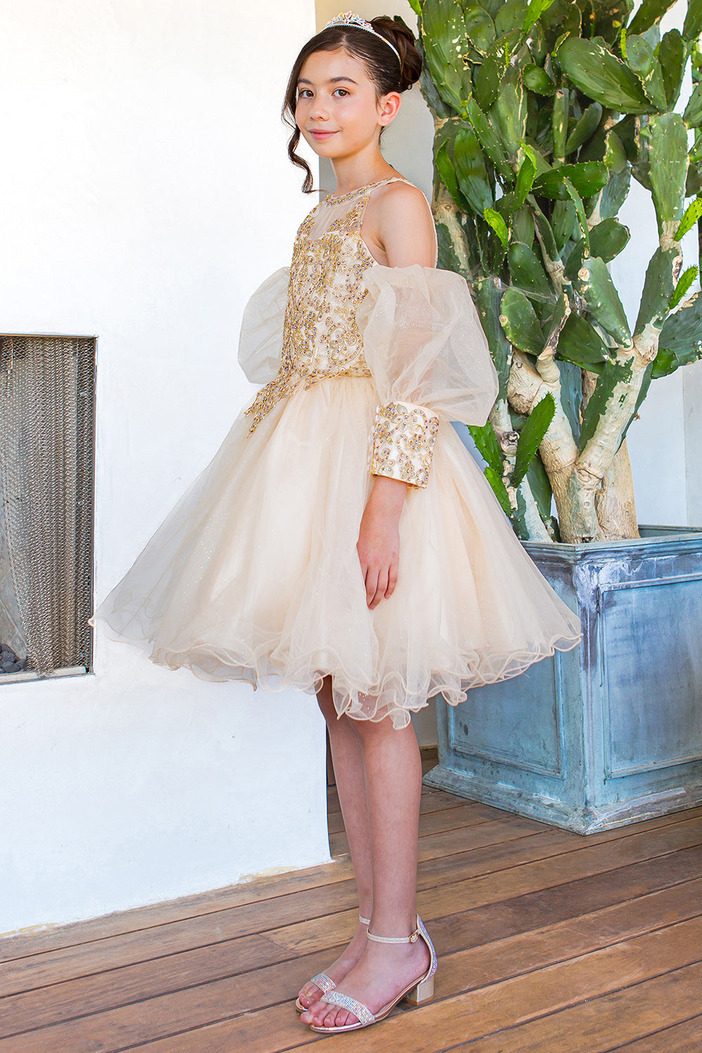 Square Neck Mini Glitter Tulle Flower Girl Party Dress with Detachable Puff Sleeves Cinderella Couture 5113 - Peacock / 16 Square Neck Mini Glitter Tulle Flower Girl Party Dress with Detachable Puff Sleeves Cinderella Couture 5113 - Peacock / 16