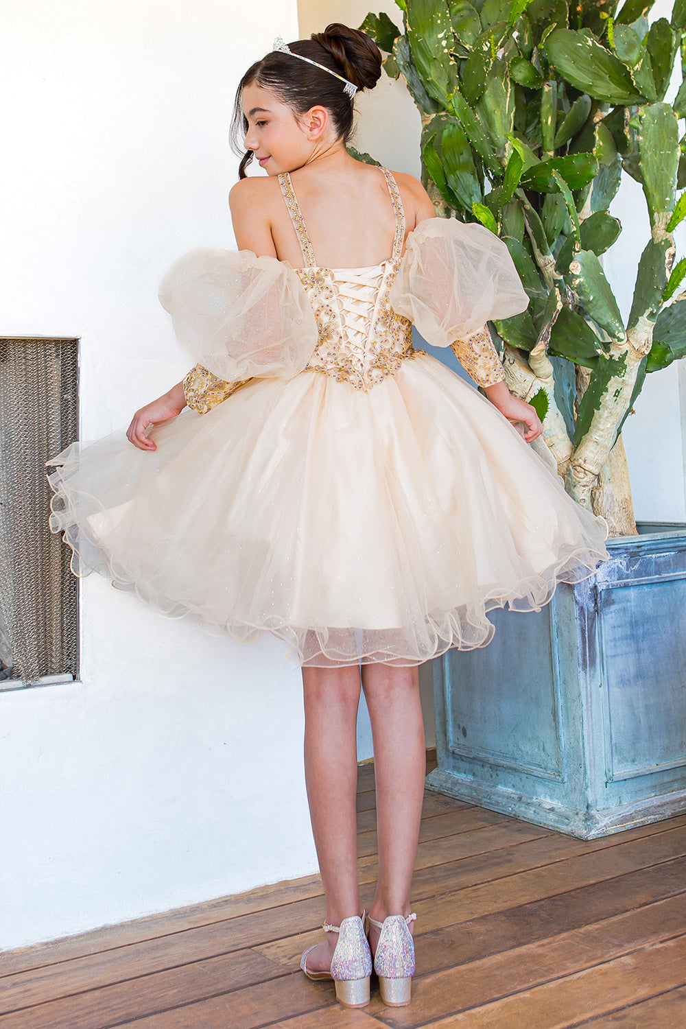 Square Neck Mini Glitter Tulle Flower Girl Party Dress with Detachable Puff Sleeves Cinderella Couture 5113 - Peacock / 16 Square Neck Mini Glitter Tulle Flower Girl Party Dress with Detachable Puff Sleeves Cinderella Couture 5113 - Peacock / 16