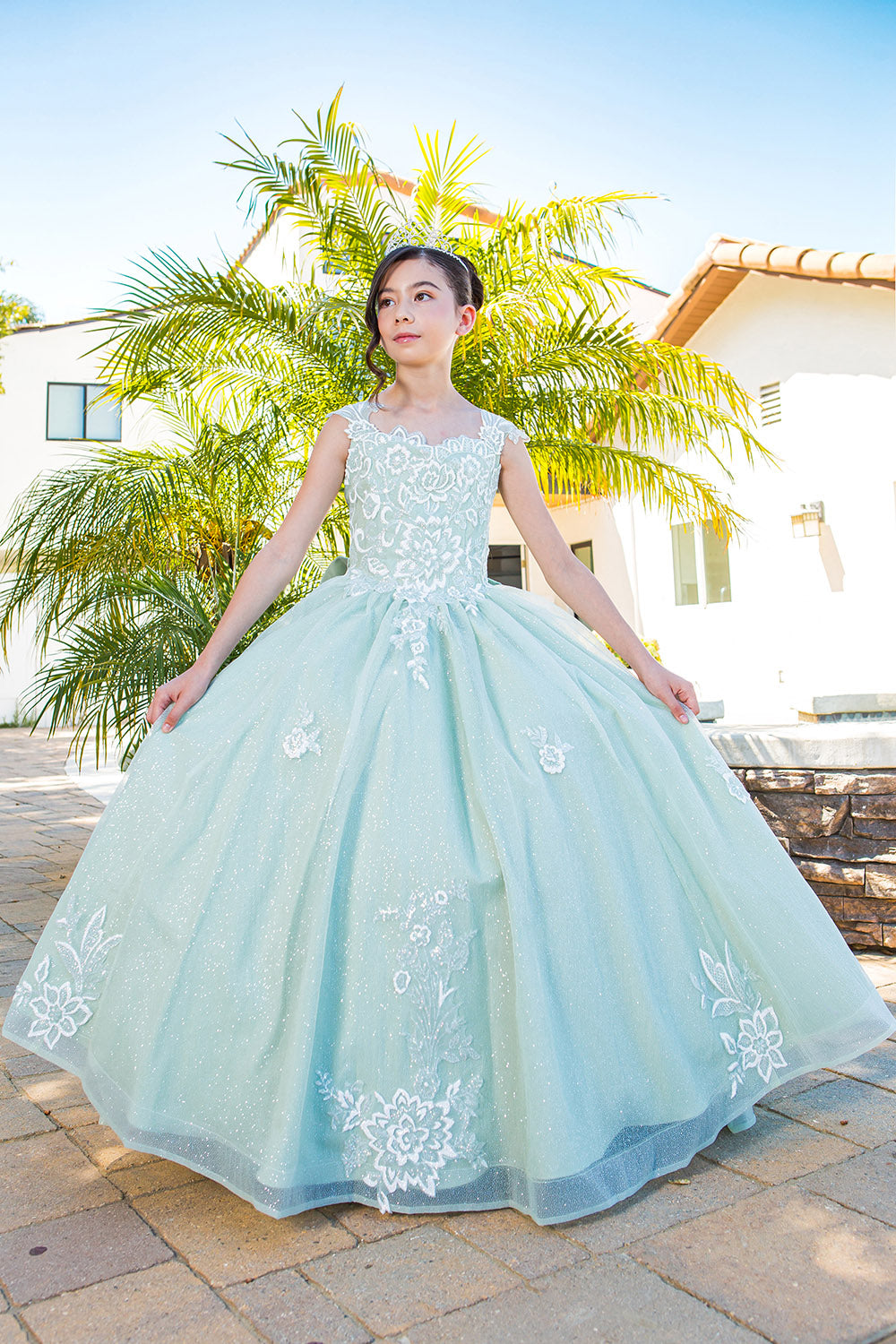 mini quinceanera dresses Scoop Neck Floor Length Glitter Tulle Flower Girl Ball Gown with 3D Flower Print and Detachable Bow Cinderella Couture 5116
