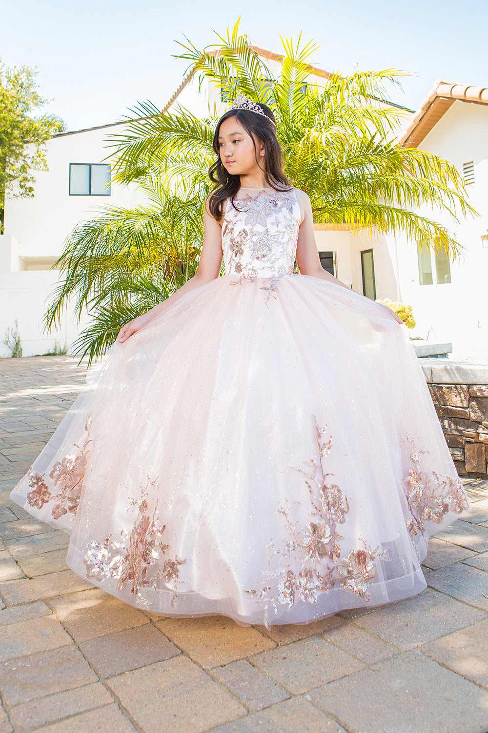Scoop Neck Floor Length Satin Flower Girl Dress with Pearl Beaded Waist Cinderella Couture 5118 - Blush / 8 Scoop Neck Floor Length Satin Flower Girl Dress with Pearl Beaded Waist Cinderella Couture 5118 - Blush / 8