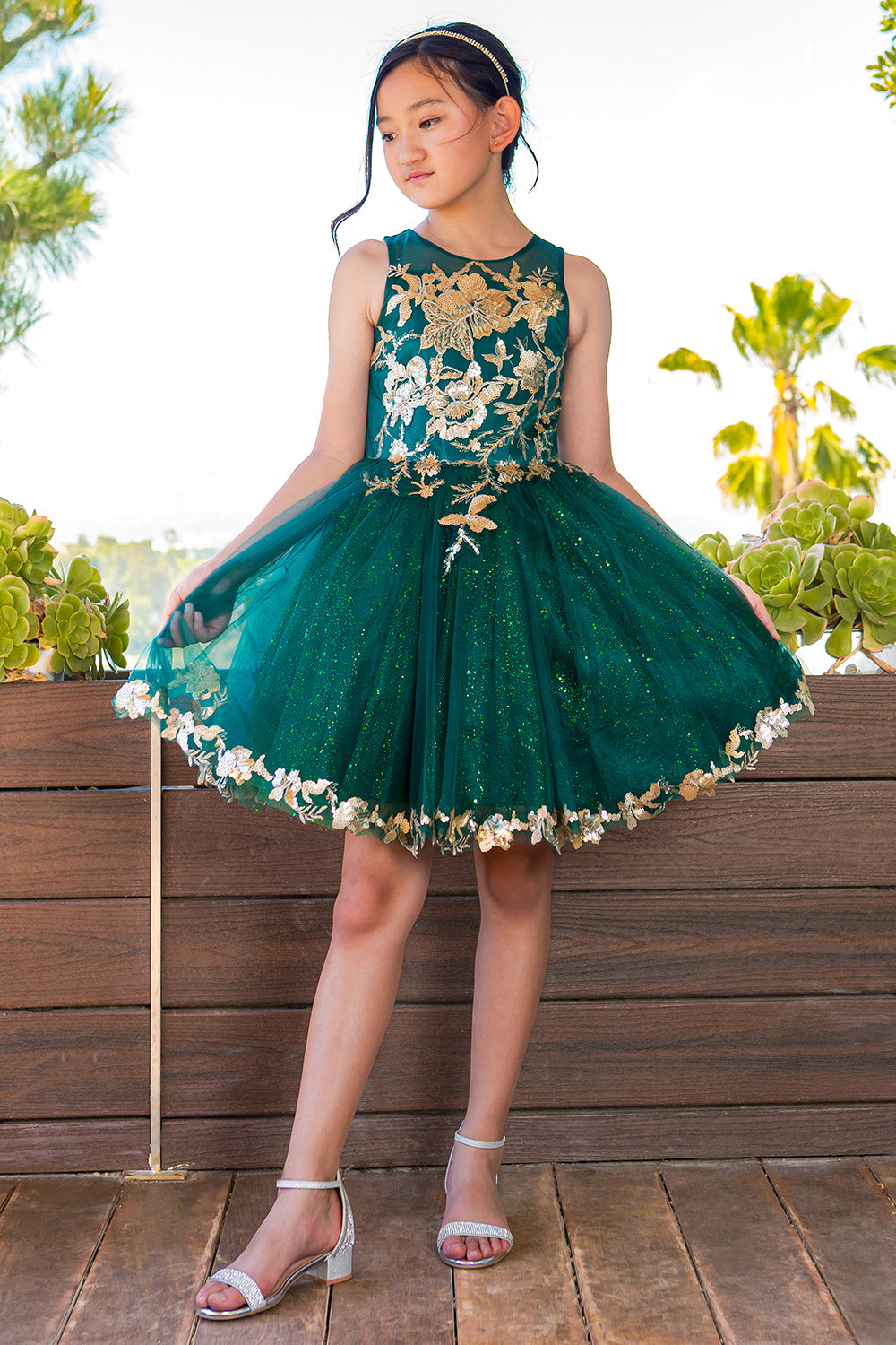 strapless open back dress Satin Glittered Tulle Girl Party Dress by Cinderella Couture USA AS5121 2 /  Hunter Green