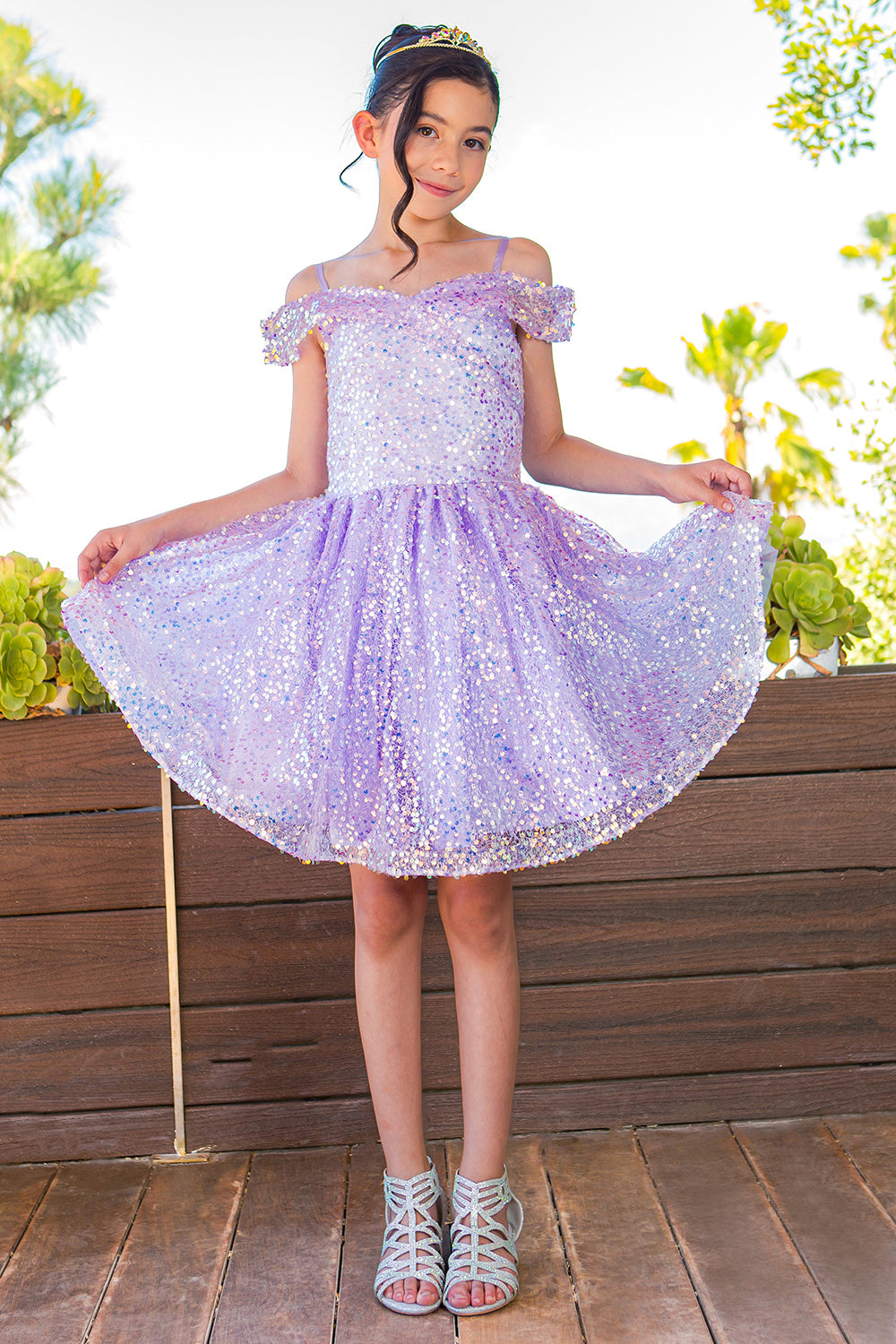Girls Rainbow Sequin Off Shoulder Short Party Dress, Sizes 2-16 Lilac / 8