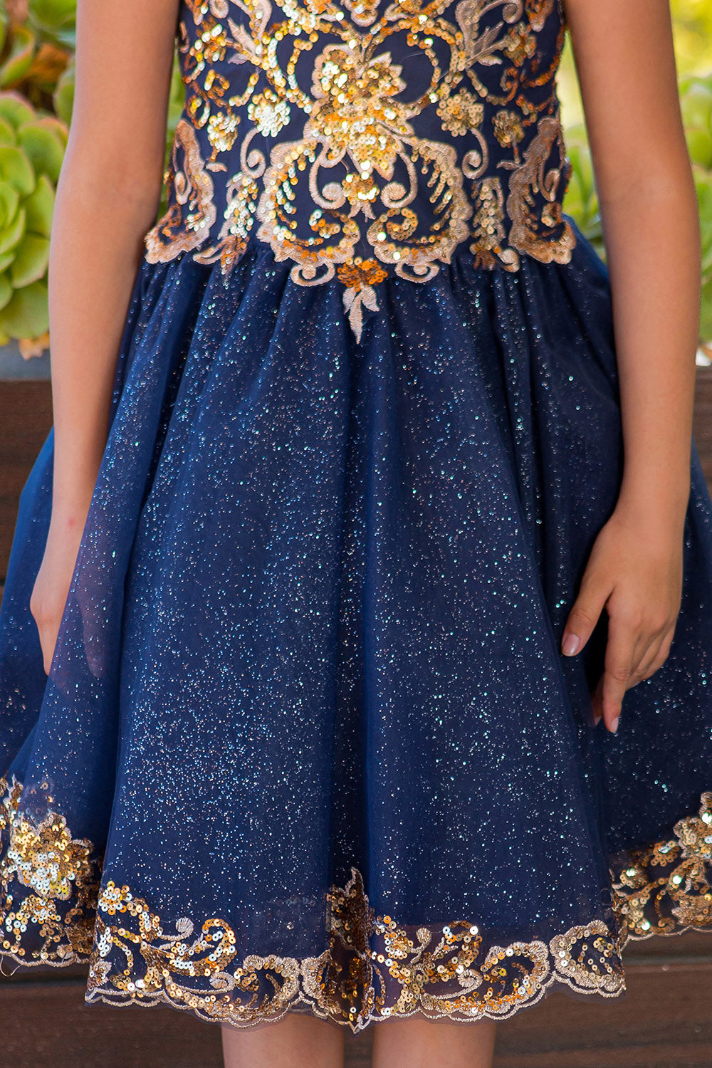 Crew High Neck Knee Length Glitter Tulle Flower Girl Party Dress with Two Tone Lace Appliques Cinderella Couture 5124 - Navy / 2 Crew High Neck Knee Length Glitter Tulle Flower Girl Party Dress with Two Tone Lace Appliques Cinderella Couture 5124 - Navy / 2