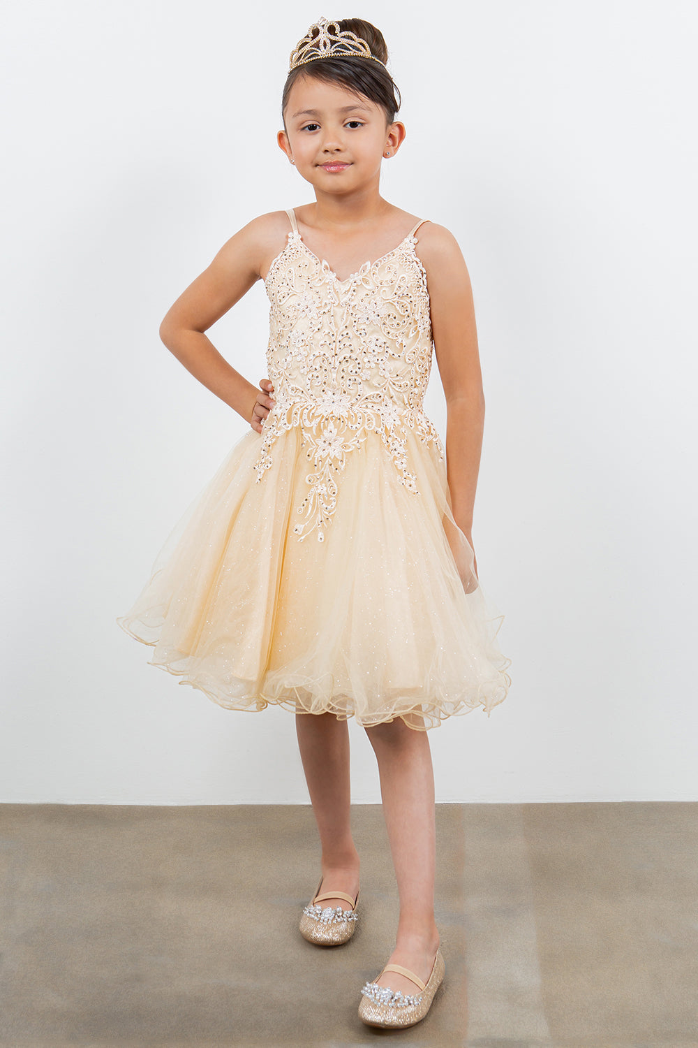 Embroidered Spaghetti Tulle Girl Party Dress by Cinderella Couture USA AS5125