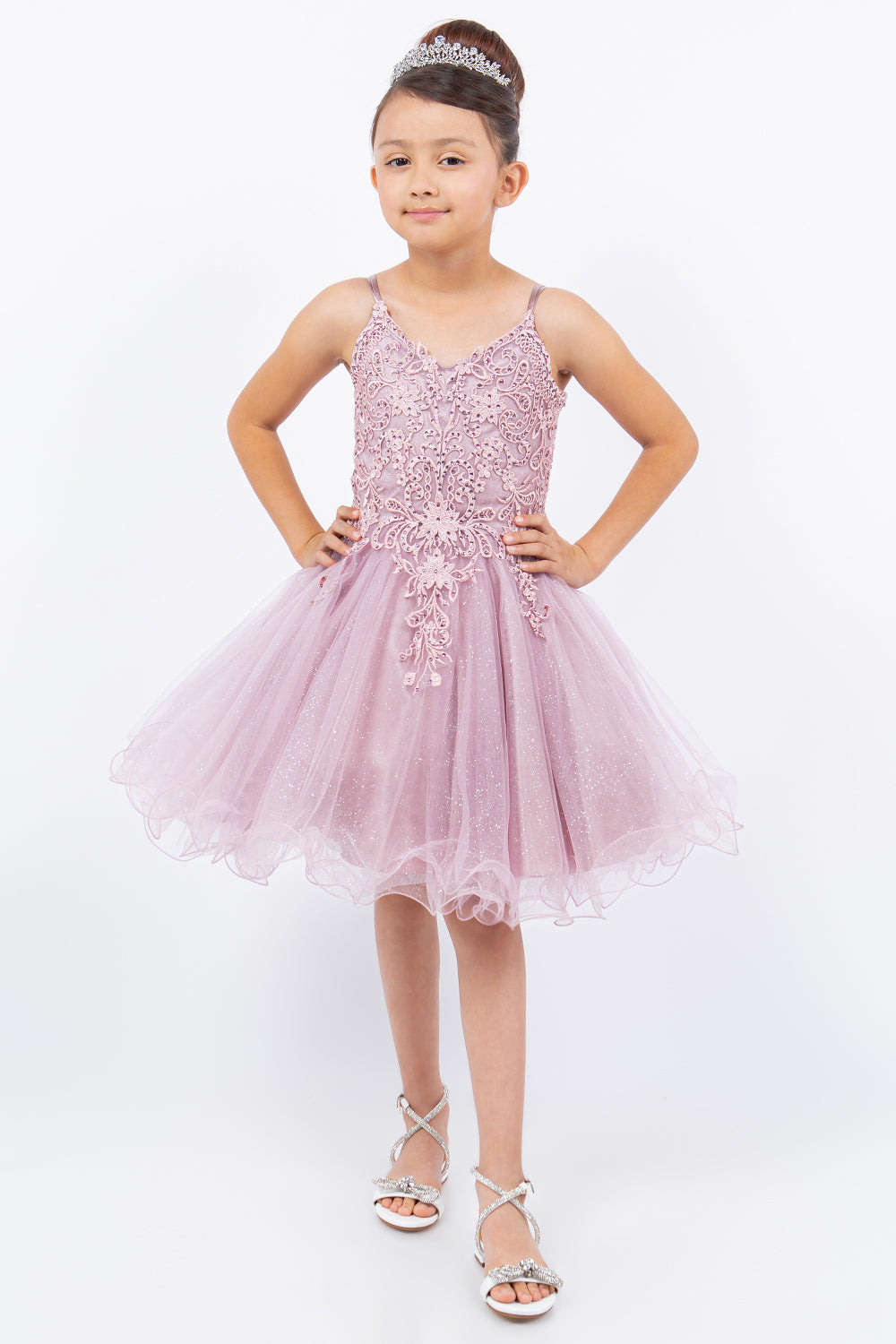 Embroidered Spaghetti Tulle Girl Party Dress by Cinderella Couture USA AS5125