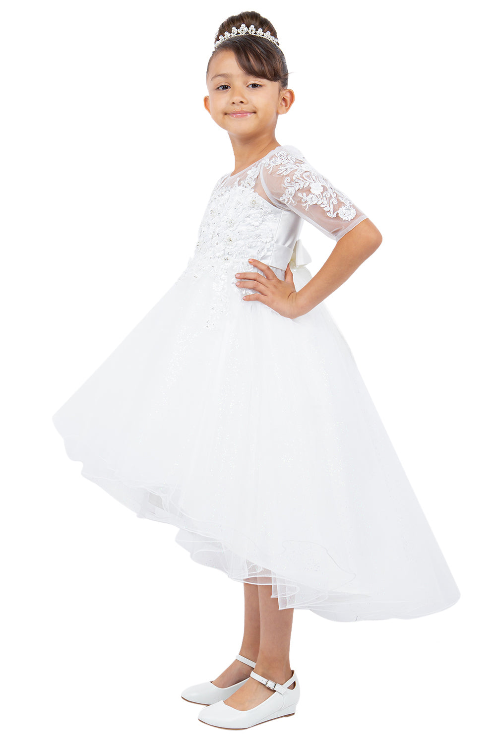 3/4 Sleeve Illusion High Low Flower Girl Dress by Cinderella Couture USA AS5128 6 / Off-White