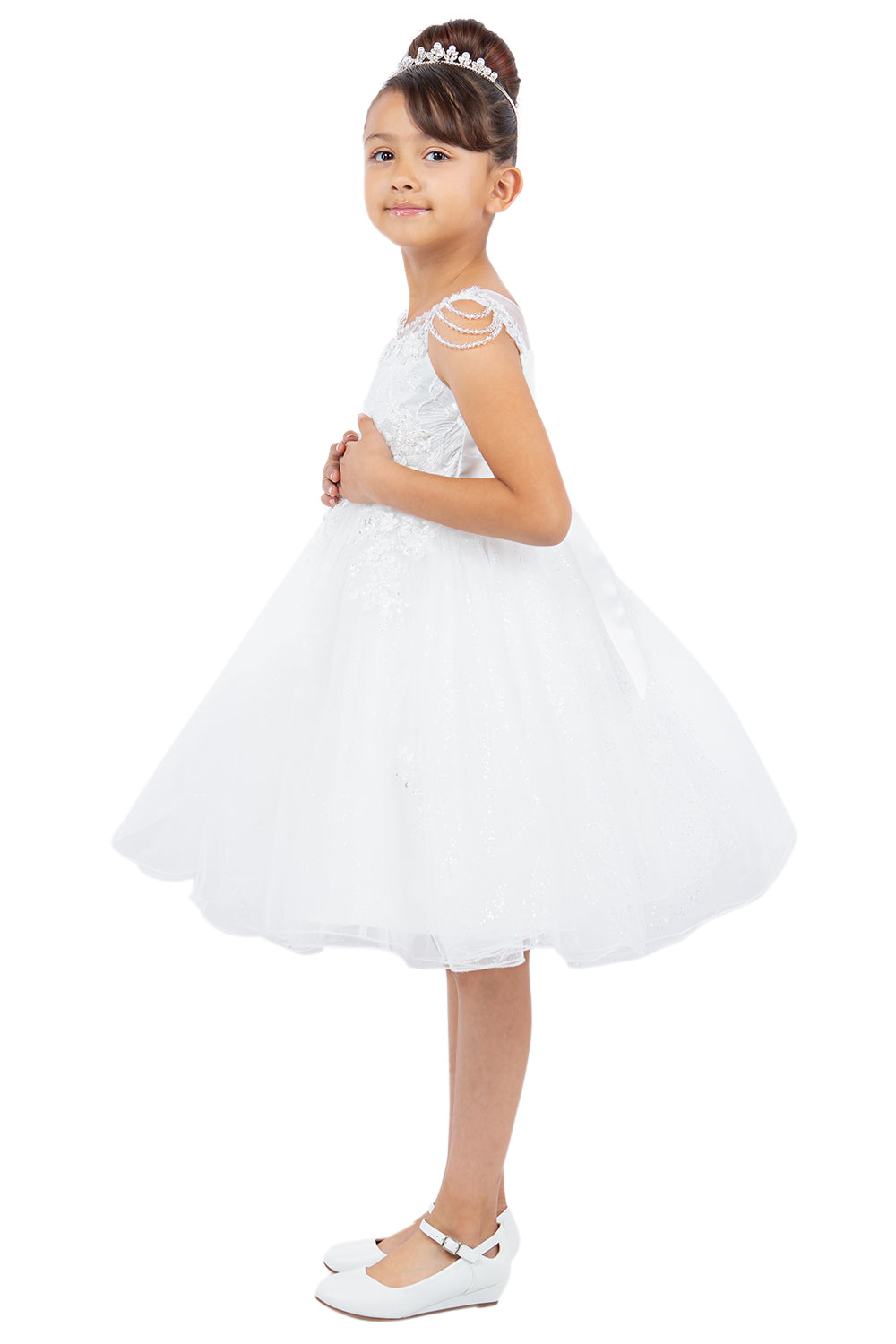 Illusion Lace Top Beaded Tulle Ivory Flower Girl Dresses