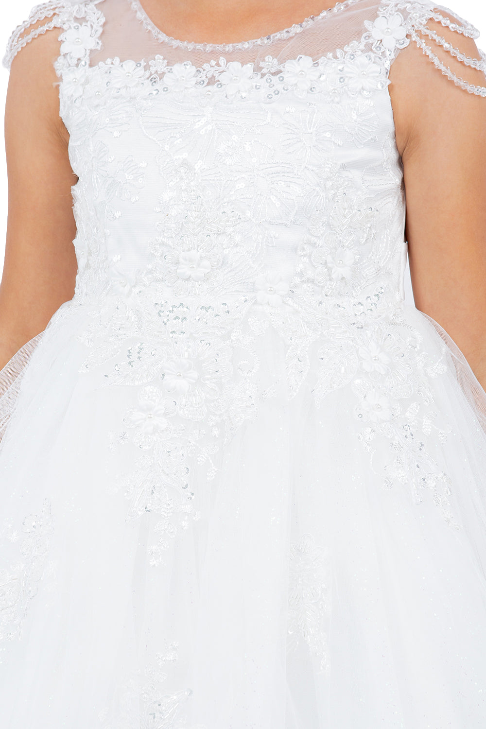 Illusion Lace Top Beaded Tulle Ivory Flower Girl Dresses