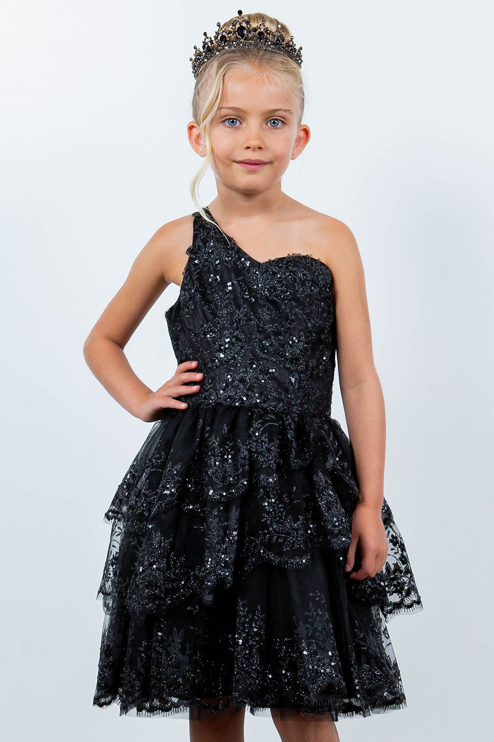 Glitter Flower One Shoulder Girl Party Dress by Cinderella Couture USA AS5132