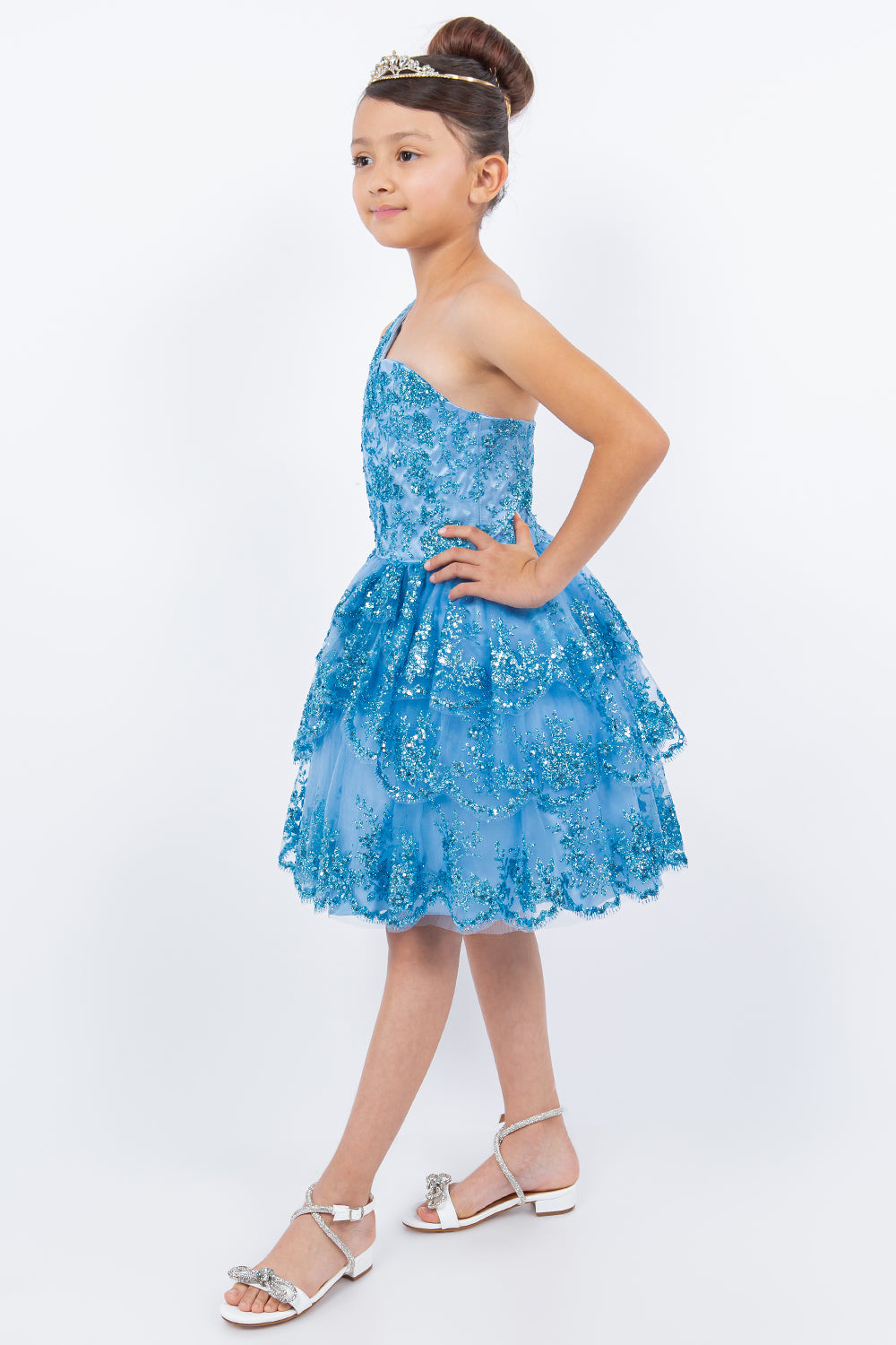 Glitter Flower One Shoulder Girl Party Dress by Cinderella Couture USA AS5132