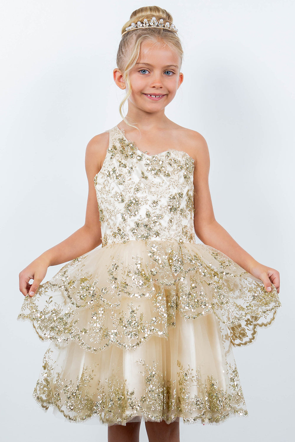 Glitter Flower One Shoulder Girl Party Dress by Cinderella Couture USA AS5132