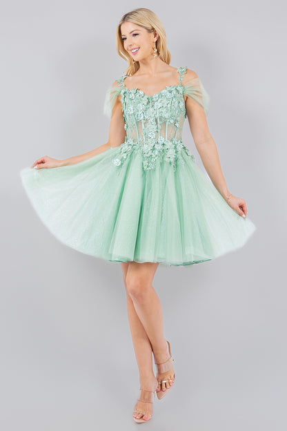 3D Flowers Shoulder Strap Short Party Dress by Cinderella Couture USA AS5134J