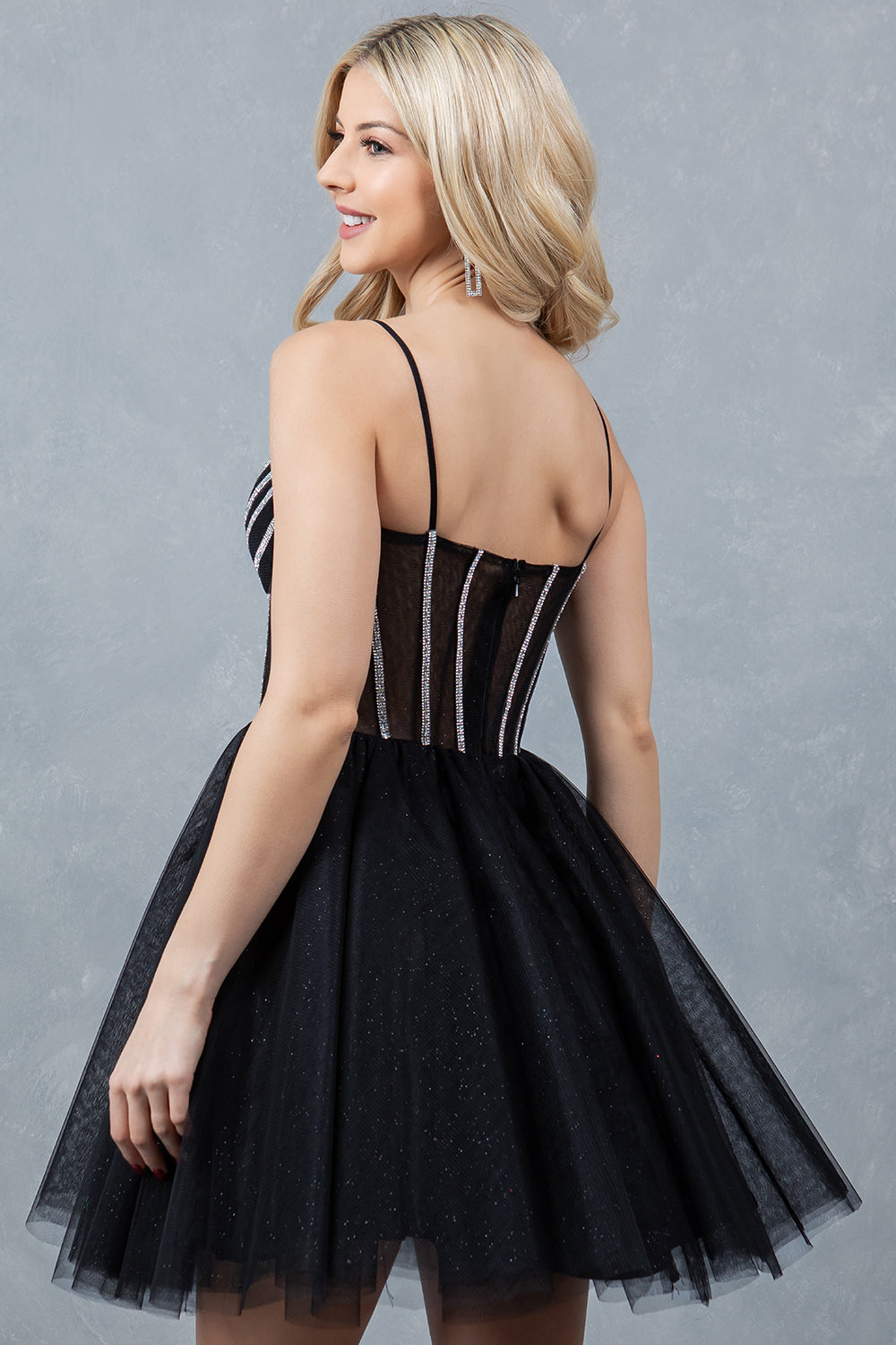 Womens Black Glitter Tulle Corset Mini Dress – Spaghetti Strap Fit and Flare Party Dress with Rhinestone Embellishments, Sizes 4/XS-16/3X 10/L / Black