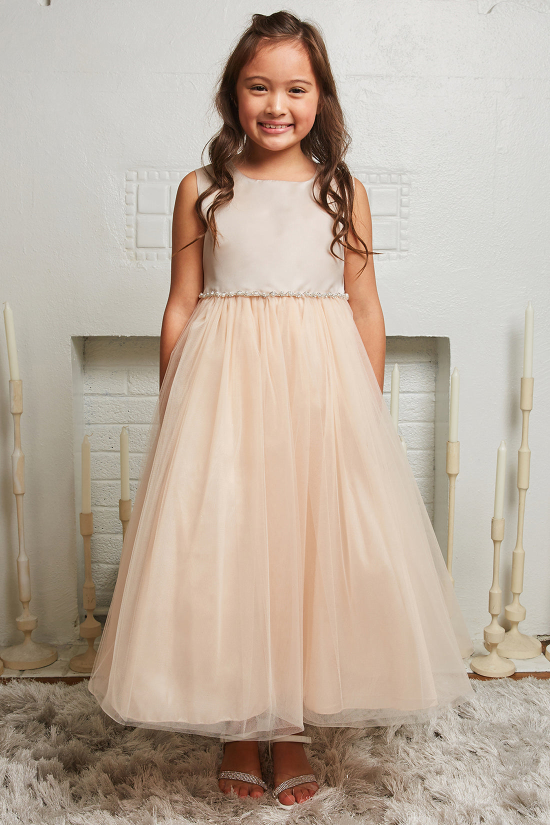 Satin Top with Wavy Rhinestone & Pearl Trim Girl Party Dress by AS538-G Kids Dream - Girl Formal Dresses