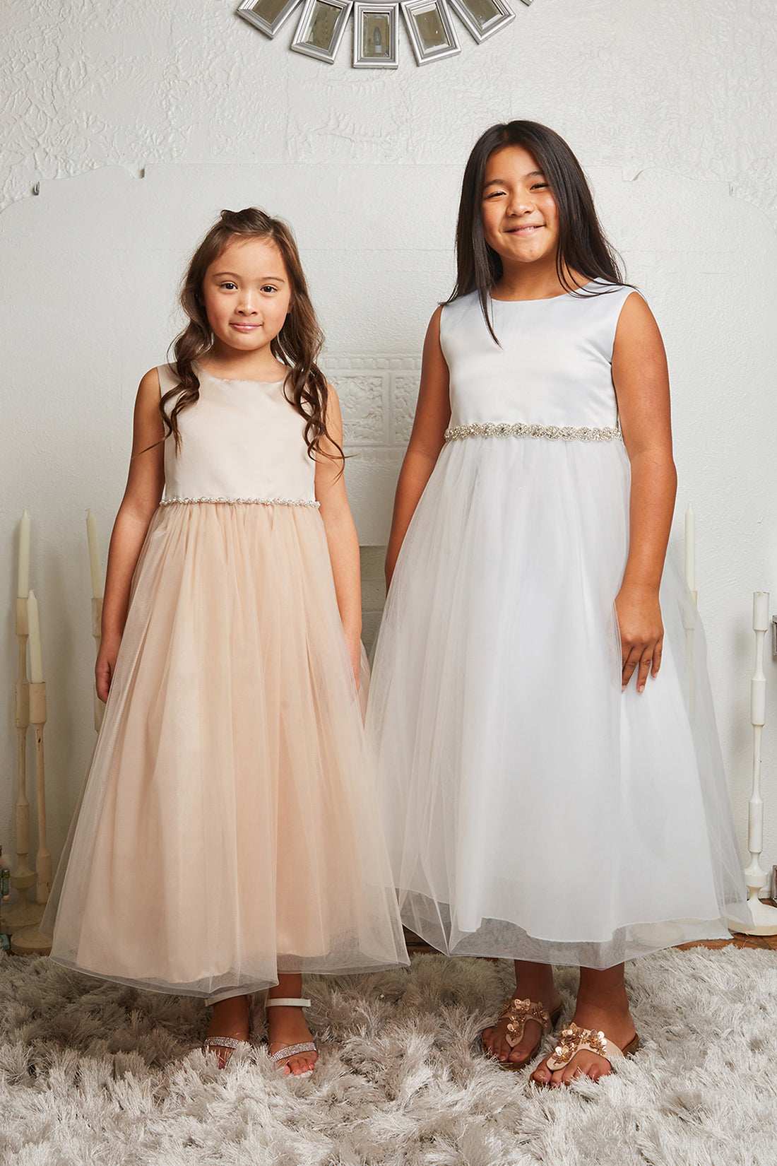 Satin Top with Wavy Rhinestone & Pearl Trim Girl Party Dress by AS538-G Kids Dream - Girl Formal Dresses