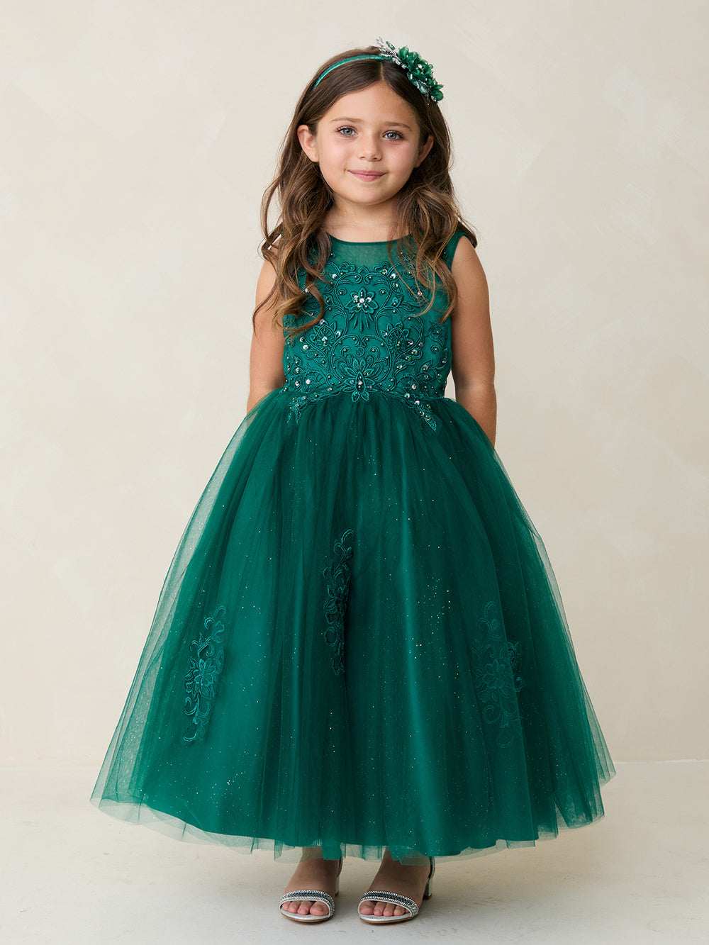 Illusion Neckline Dress Communion Flower Girl Dress 5818 Emerald Green / 4