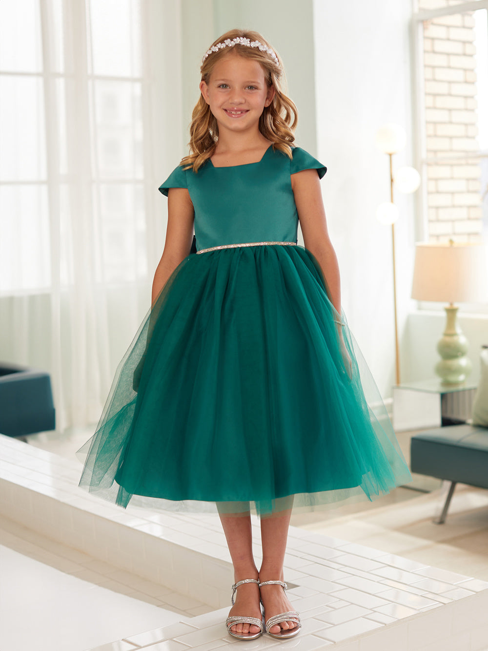 Multi Color Square Neckline Flowers Girl Dress by TIPTOP KIDS - AS5852 Emerald / 8 Multi Color Square Neckline Flowers Girl Dress by TIPTOP KIDS - AS5852 Emerald / 8