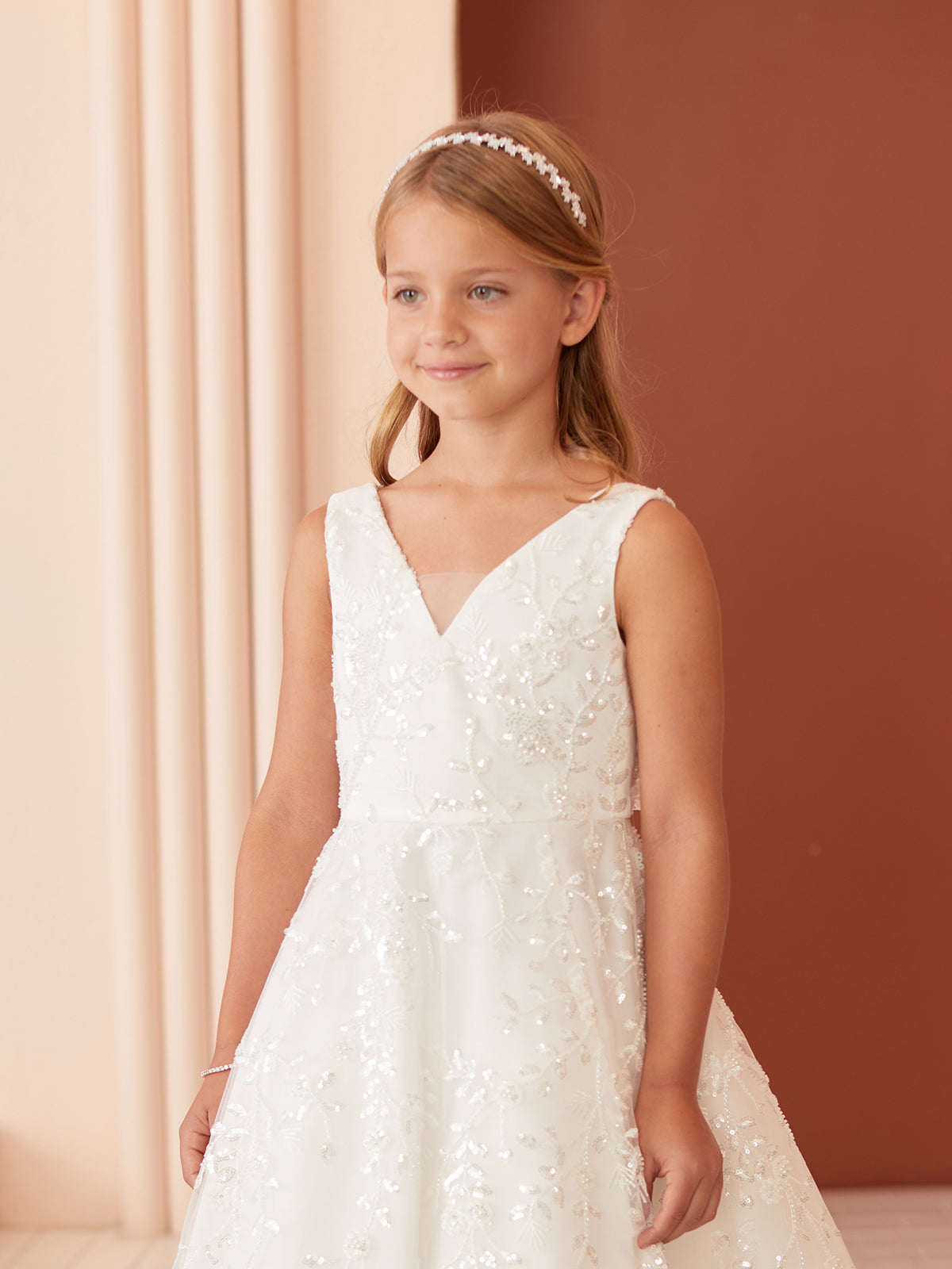 Embroidered Sequin V-Neckline Flowers Girl Dress by TIPTOP KIDS - AS5854