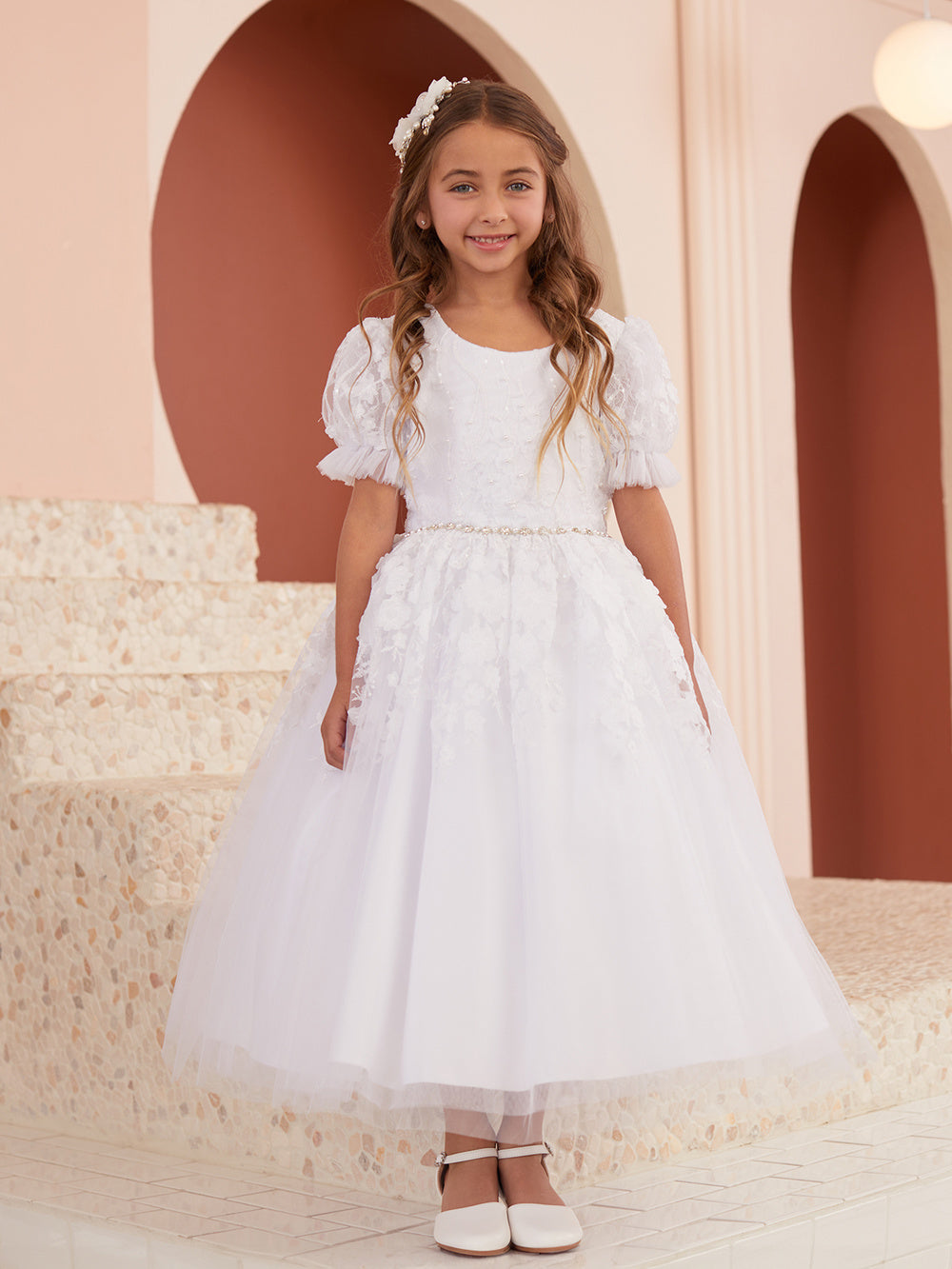 Puff Sleeve Round Neck Flowers Girl Dress by TIPTOP KIDS - AS5861