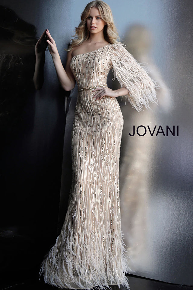 Jovani 63342 Gold One Shoulder Embellished Prom Gown - Special Occasion