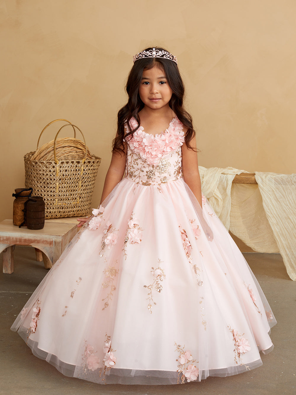 Girls 3D Flower Applique Glitter Mesh Special Occasion Dress 2-16 from Tip Top Kids at Sophia's Style 6 / Blush