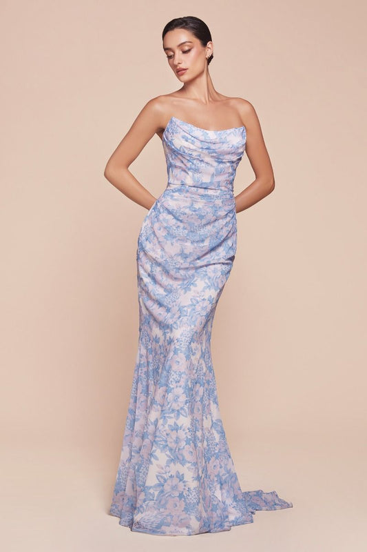 Floral Printed Scoop Neckline Gown by Cinderella Divine 7445 - Special Occasion/Curves