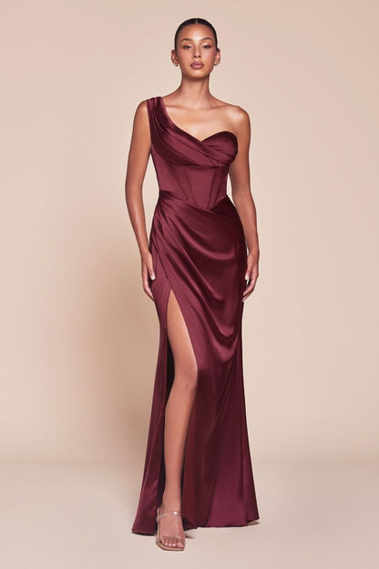 Satin Corset One Shoulder Sheath Leg Slit Gown by Cinderella Divine 7448 - Special Occasion - 2-14
