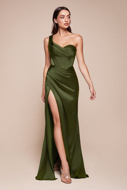 Satin Corset One Shoulder Sheath Leg Slit Gown by Cinderella Divine 7448 - Special Occasion - 2-14