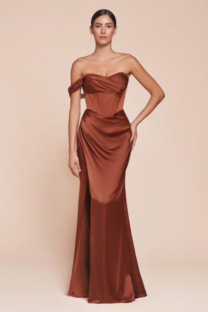 Satin Corset One Shoulder Sheath Leg Slit Gown by Cinderella Divine 7448 - Special Occasion - 2-14