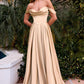 Satin Off Shoulder A-Line Slit Gown by Cinderella Divine 7449 - Special Occasion