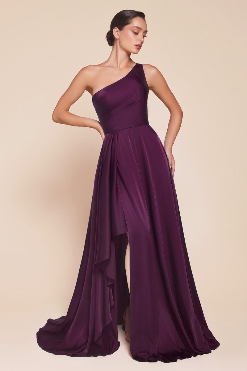 One Shoulder Soft Satin A-Line Gown by Cinderella Divine 7450 - Special Occasion/Curves