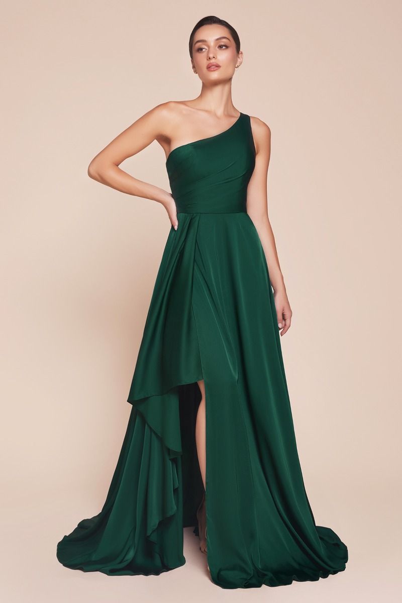 One Shoulder Soft Satin A-Line Gown by Cinderella Divine 7450 - Special Occasion/Curves