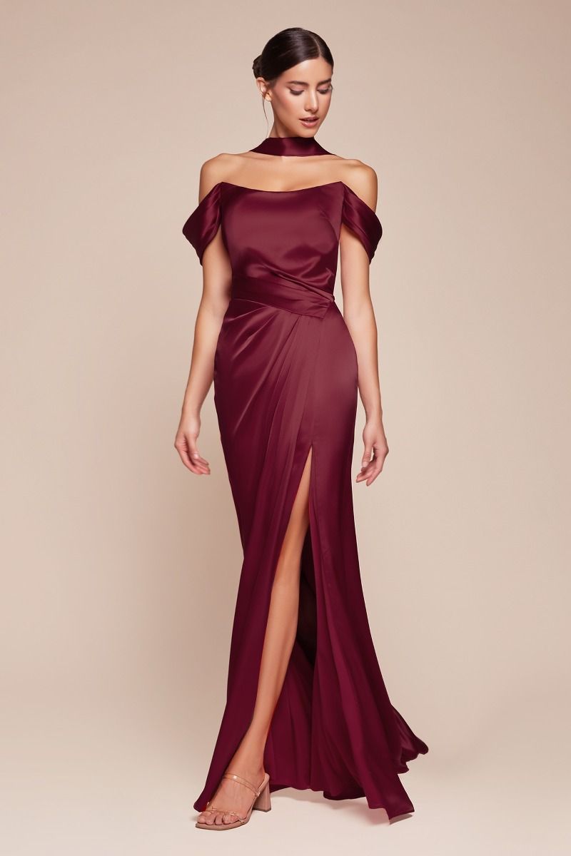 Off The Shoulder Leg Slit Sheath Gown by Cinderella Divine 7452