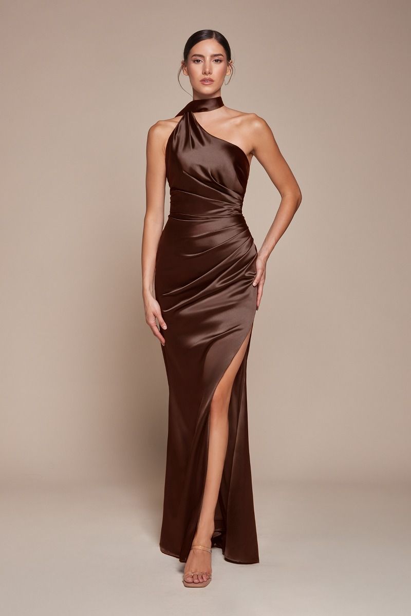 One Shoulder Halter Neckline Sheath Gown by Cinderella Divine 7454 - Special Occasion/Curves Espresso / 4 One Shoulder Halter Neckline Sheath Gown by Cinderella Divine 7454 - Special Occasion/Curves Espresso / 4