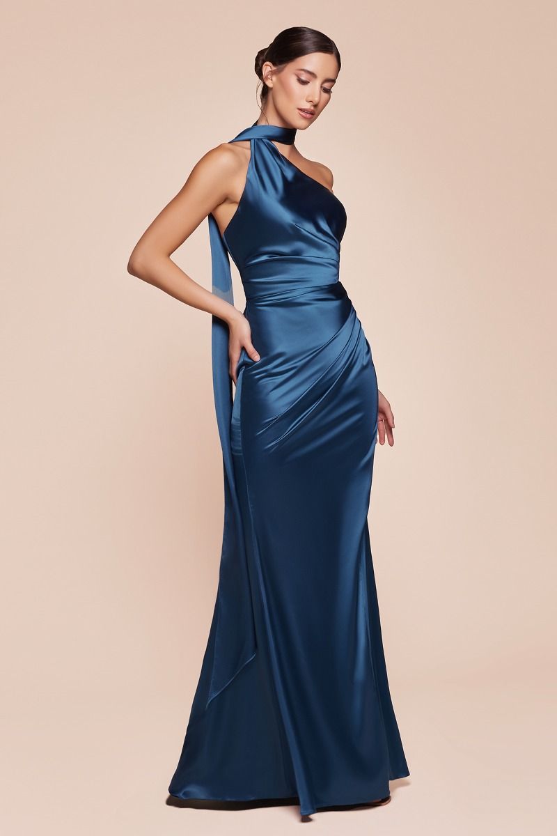 one shoulder halter dress One Shoulder Halter Neckline Sheath Gown by Cinderella Divine 7454