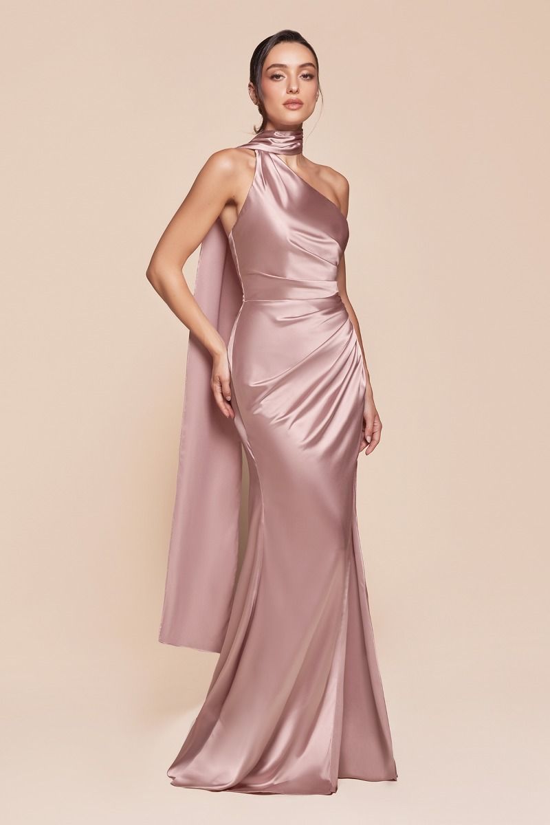 One Shoulder Halter Neckline Sheath Gown by Cinderella Divine 7454 -  Special Occasion/Curves Mauve / 4
