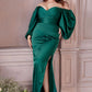 Off the Shoulder Long Sleeve Soft Satin Slit Gown - Cinderella Divine 7482C - Curves