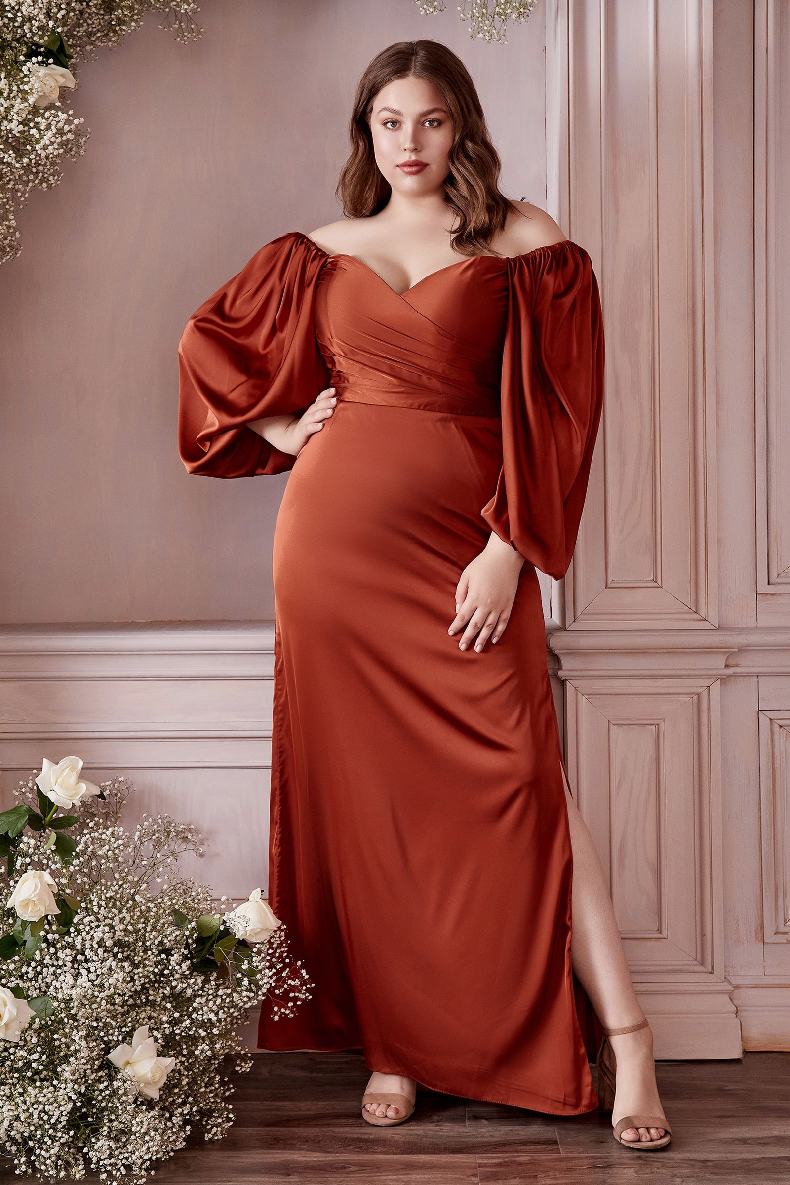 cinderella divine long sleeve dresses Long Sleeve Satin Gown by Cinderella Divine 7475