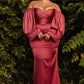 Off the Shoulder Long Sleeve Soft Satin Slit Gown - Cinderella Divine 7482C - Curves