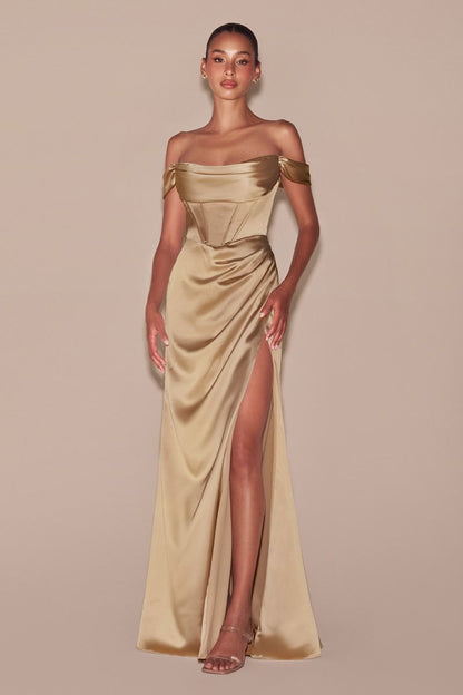 Satin Off The Shoulder Leg Slit Gown By Ladivine 7492 - Women Evening Formal Gown - Special Occasion